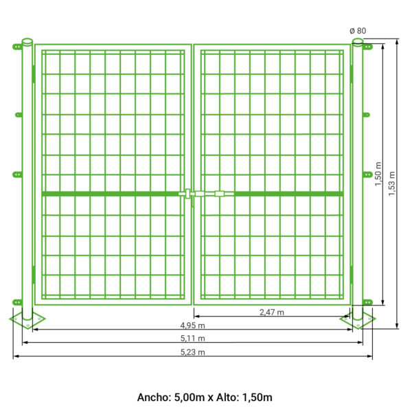 Puerta vehicular 2 hojas para malla simple torsión lacada verde 1,50 metros alto x 5,00 metros ancho - Imagen 5
