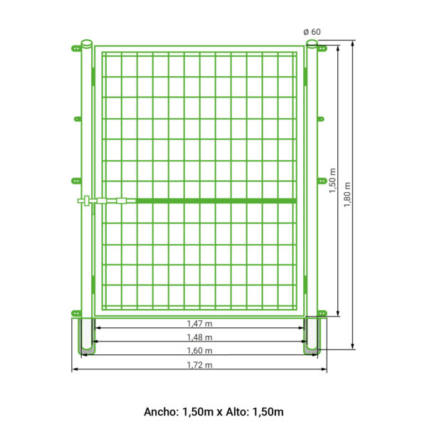 Puerta 1 hoja para malla simple torsión lacada en verde 1,50 metros alto x 1,50 metros ancho - Imagen 5