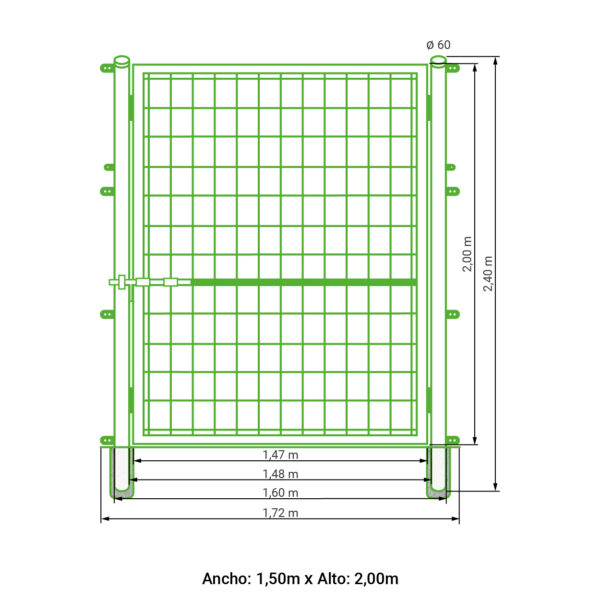 Puerta 1 hoja para malla simple torsión lacada en verde 2,00 metros alto x 1,50 metros ancho - Imagen 5