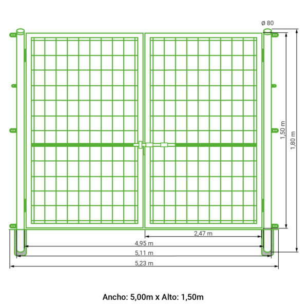 Puerta vehicular 2 hojas para malla simple torsión lacada verde 1,50 metros alto x 5,00 metros ancho - Imagen 6