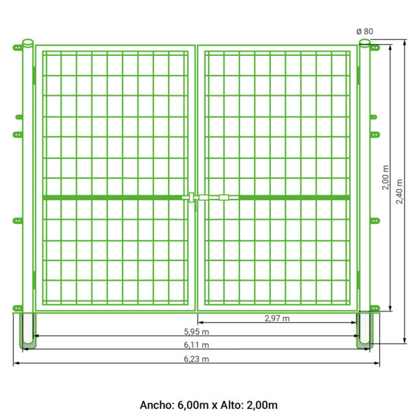 Puerta vehicular 2 hojas para malla simple torsión lacada verde 2,00 metros alto x 6,00 metros ancho - Imagen 6